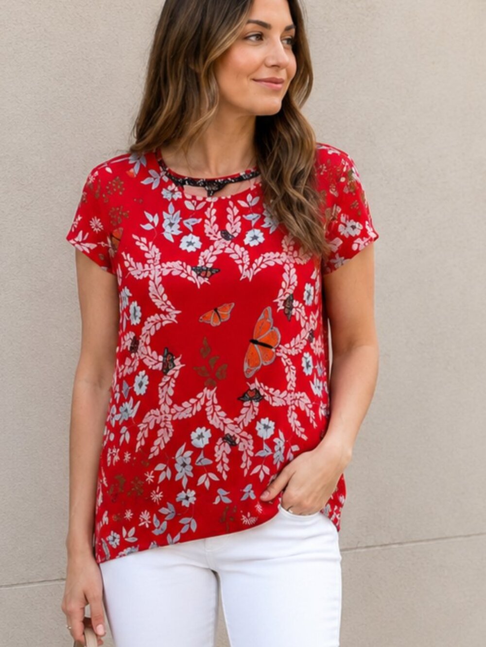 TED BAKER Red Floral Butterfly Print Tunic Top Size 3 (Size 8-10 US)